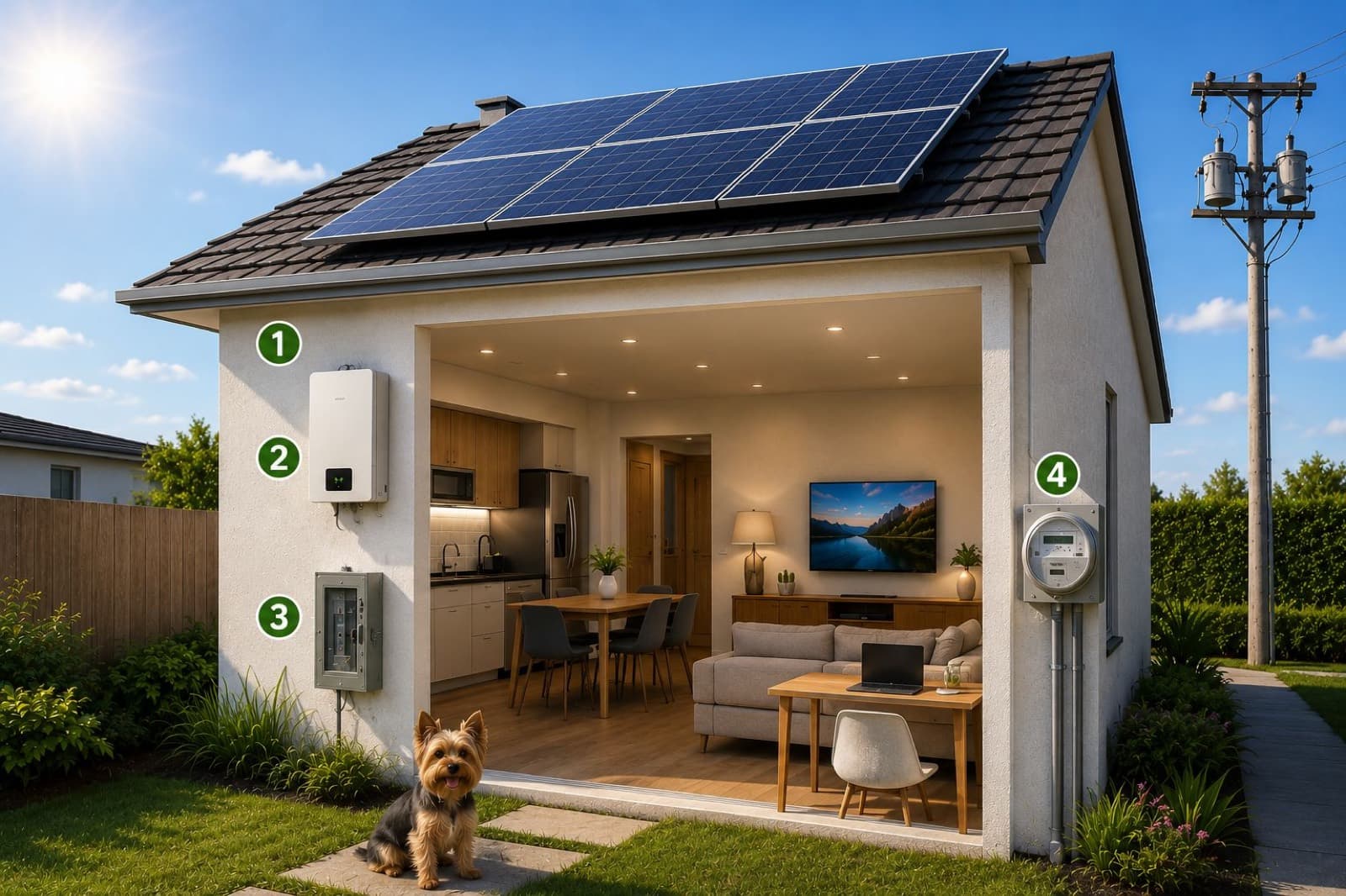 Diagrama de una casa con paneles solares en el techo, inversor y centro de carga en el muro, y medidor bidireccional conectado a la red de CFE