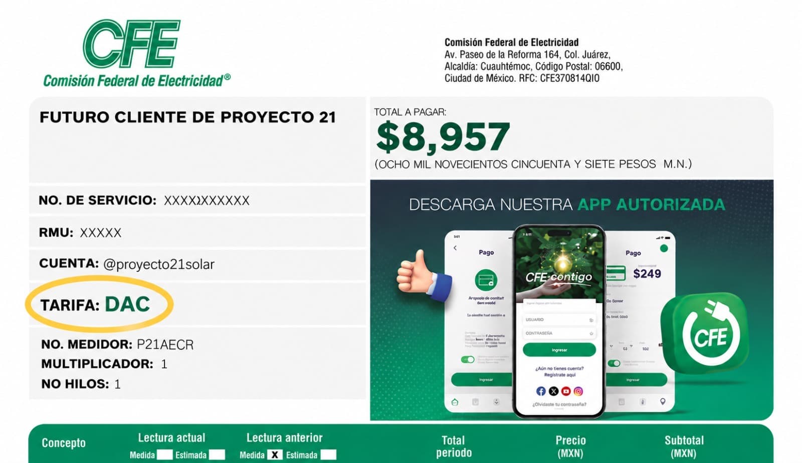 Recibo de luz de CFE de ejemplo con el apartado Tarifa marcado con un círculo amarillo, donde aparecen las letras DAC