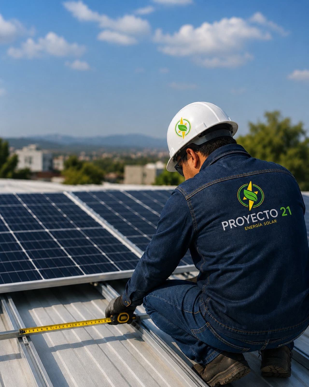 Técnico de Proyecto 21 con uniforme y casco de la marca tomando medidas sobre la estructura de montaje de un arreglo de paneles solares